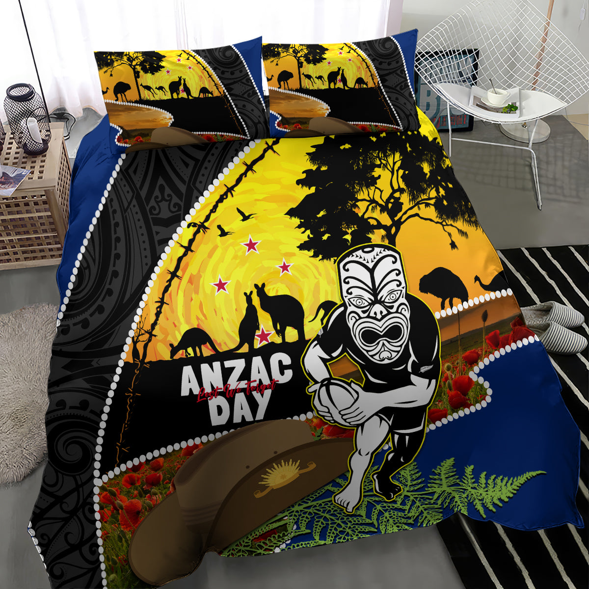 Warriors Rugby ANZAC Day Bedding Set New Zealand Wahs Tiki Mascot Rosemary Starry Night