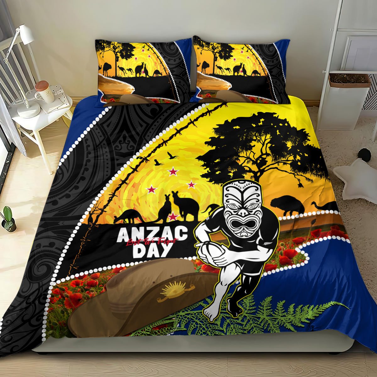 Warriors Rugby ANZAC Day Bedding Set New Zealand Wahs Tiki Mascot Rosemary Starry Night