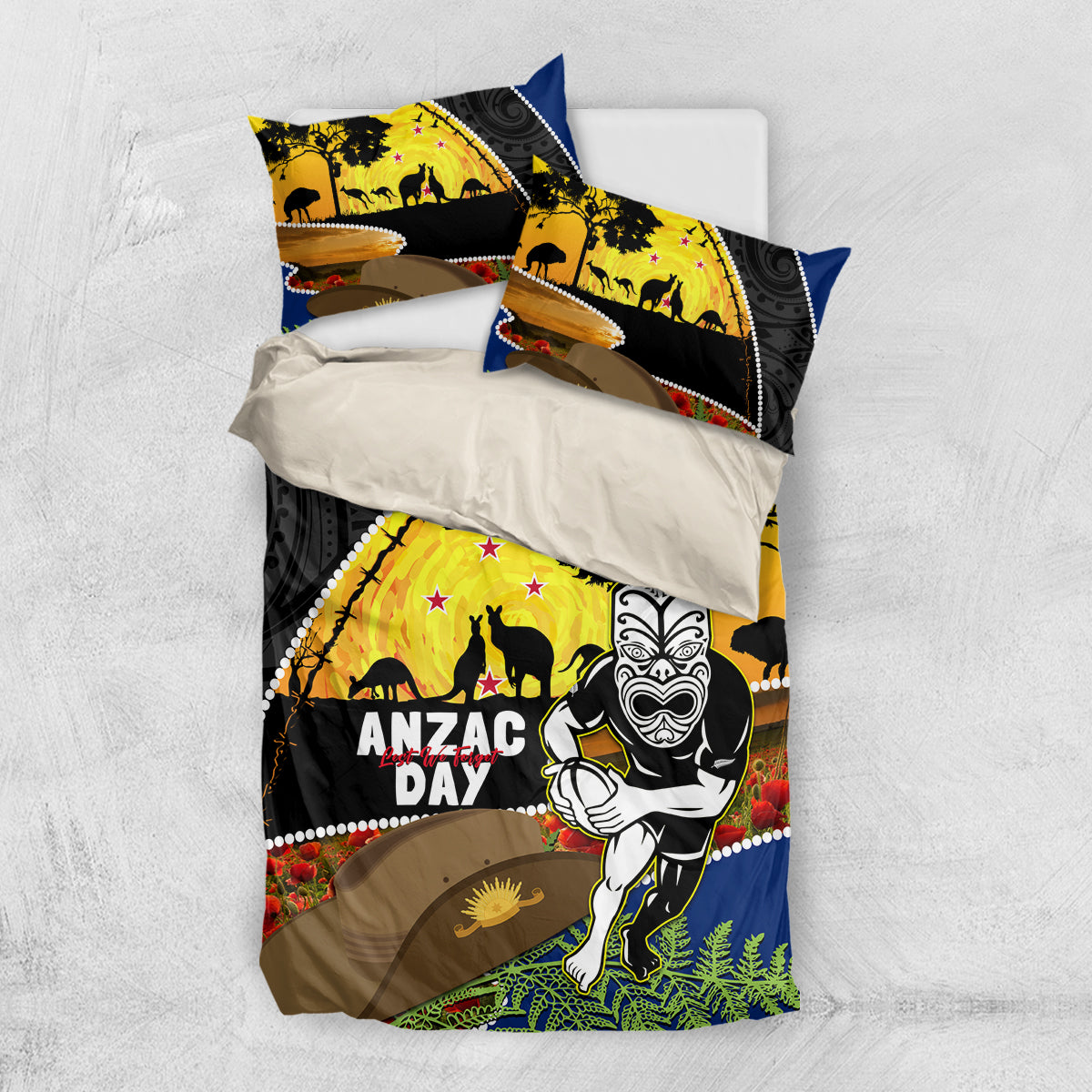 Warriors Rugby ANZAC Day Bedding Set New Zealand Wahs Tiki Mascot Rosemary Starry Night