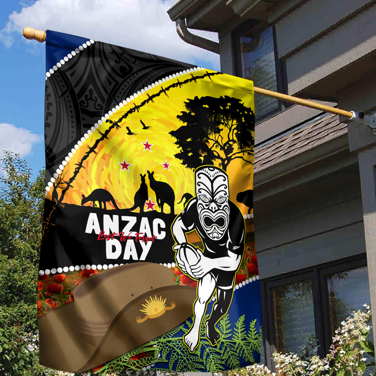 Warriors Rugby ANZAC Day Garden Flag New Zealand Wahs Tiki Mascot Rosemary Starry Night