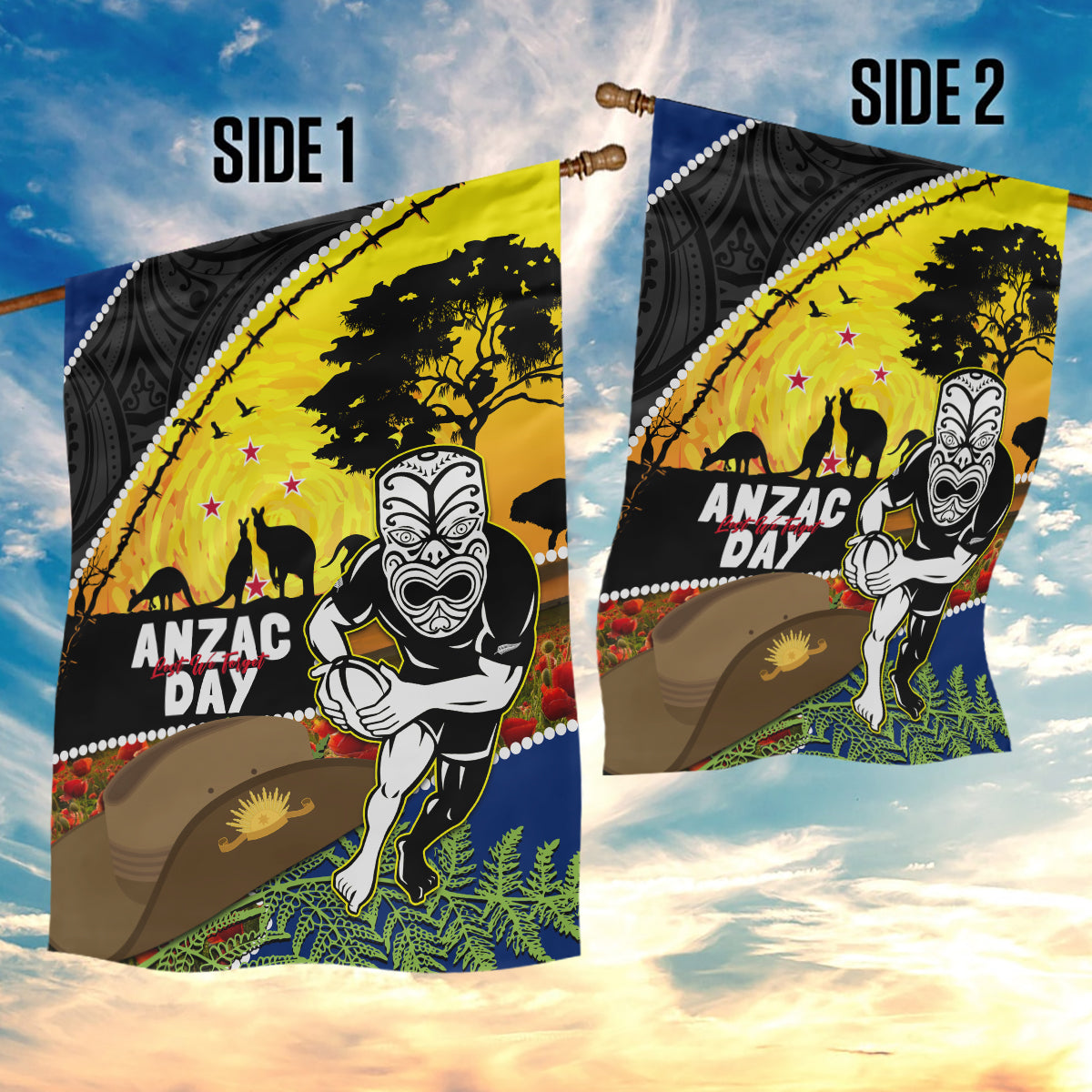 Warriors Rugby ANZAC Day Garden Flag New Zealand Wahs Tiki Mascot Rosemary Starry Night