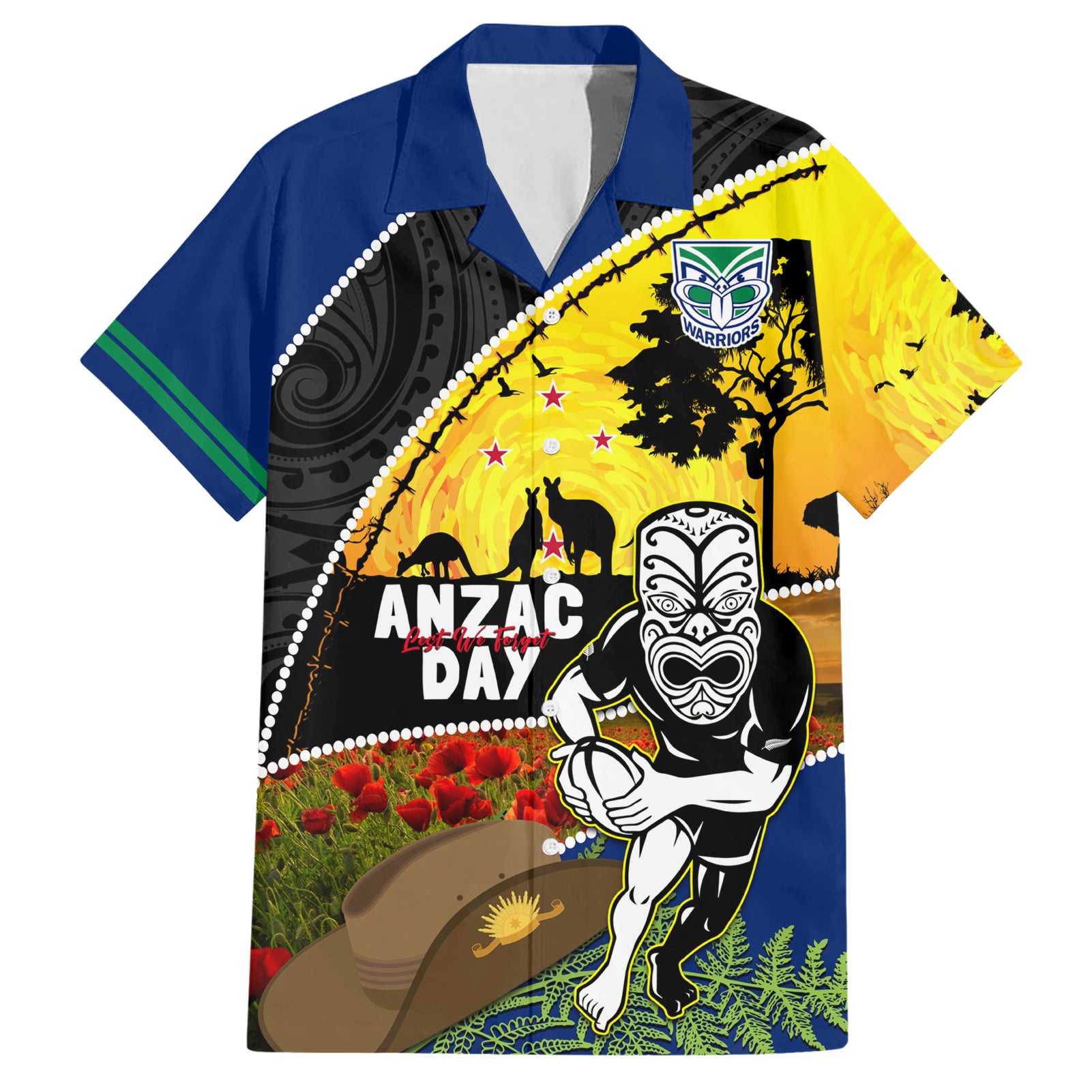 Warriors Rugby ANZAC Day Hawaiian Shirt New Zealand Wahs Tiki Mascot Rosemary Starry Night