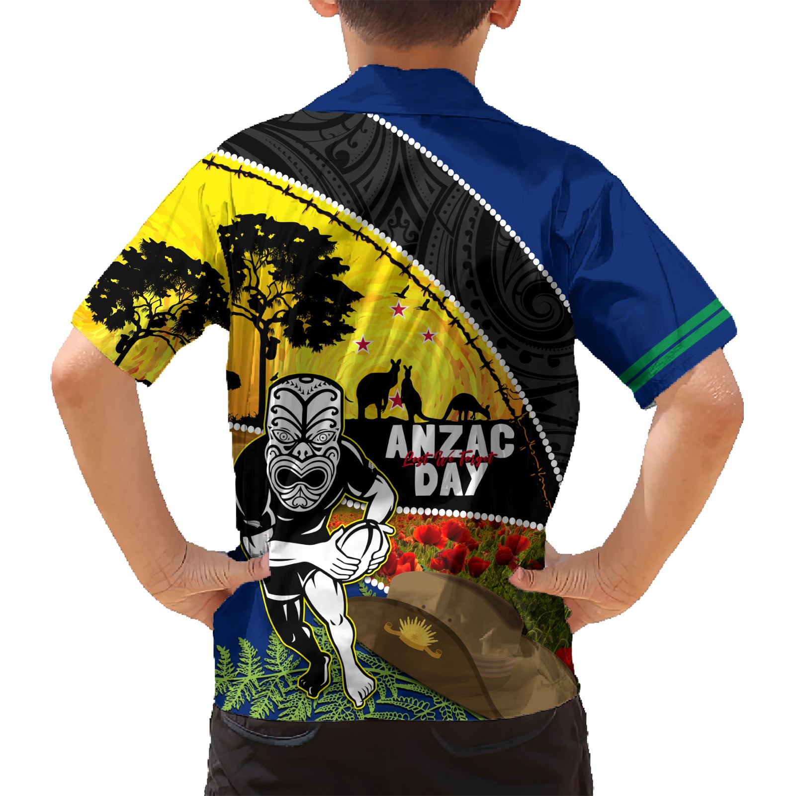 Warriors Rugby ANZAC Day Kid Hawaiian Shirt New Zealand Wahs Tiki Mascot Rosemary Starry Night