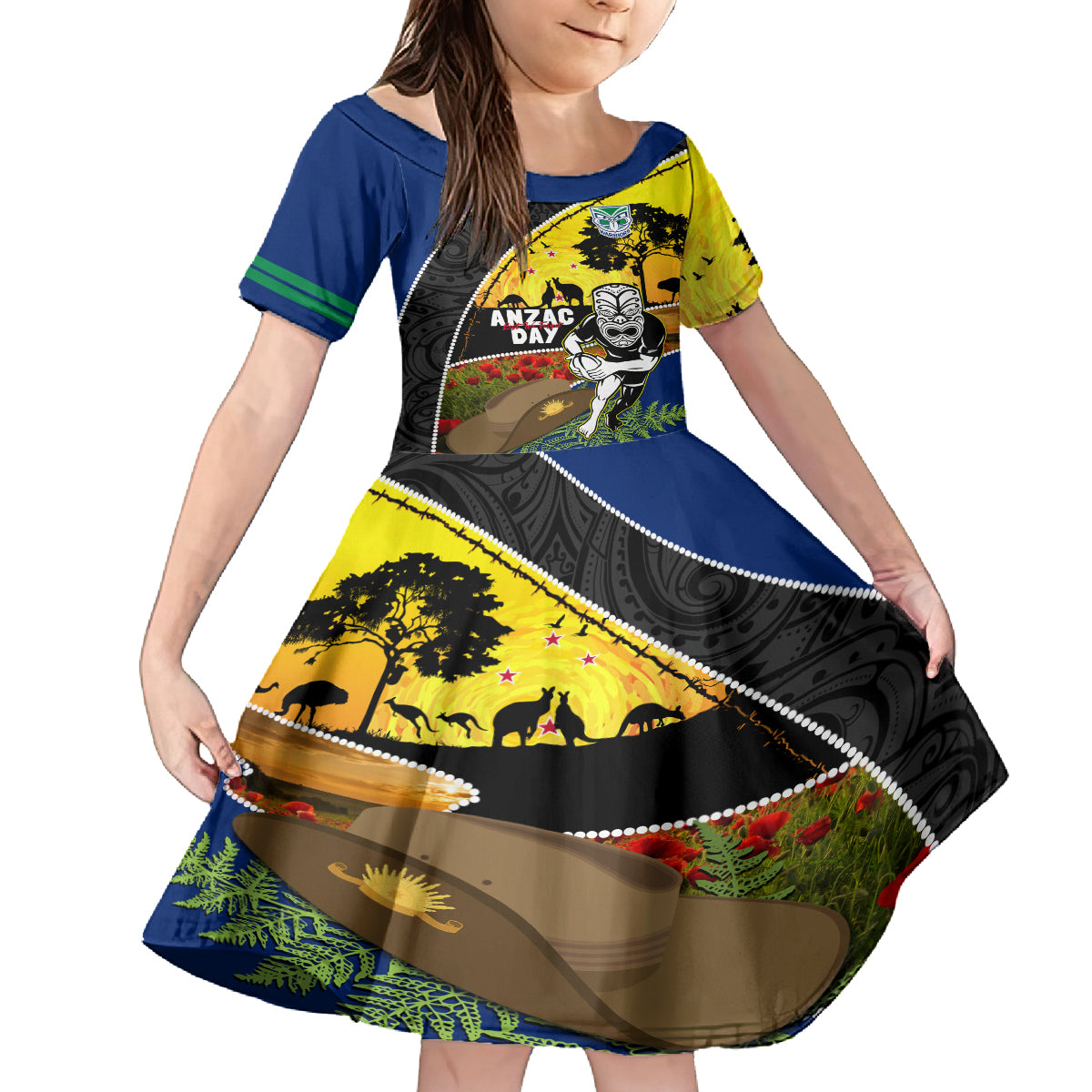 Warriors Rugby ANZAC Day Kid Short Sleeve Dress New Zealand Wahs Tiki Mascot Rosemary Starry Night