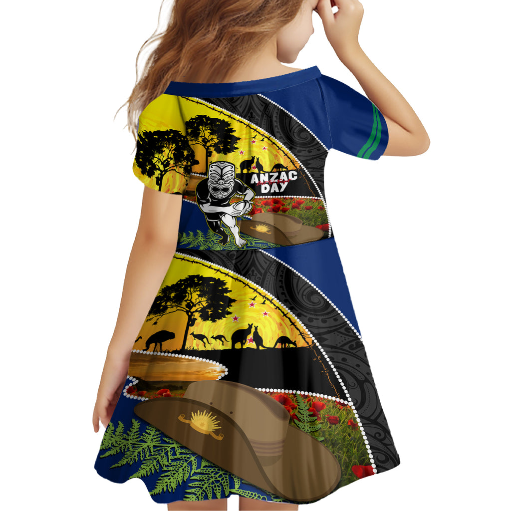 Warriors Rugby ANZAC Day Kid Short Sleeve Dress New Zealand Wahs Tiki Mascot Rosemary Starry Night