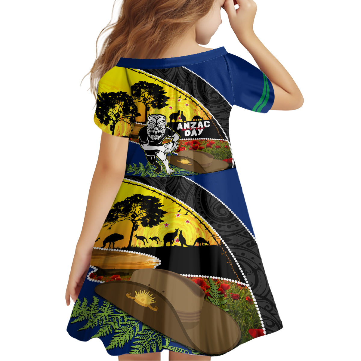 Warriors Rugby ANZAC Day Kid Short Sleeve Dress New Zealand Wahs Tiki Mascot Rosemary Starry Night