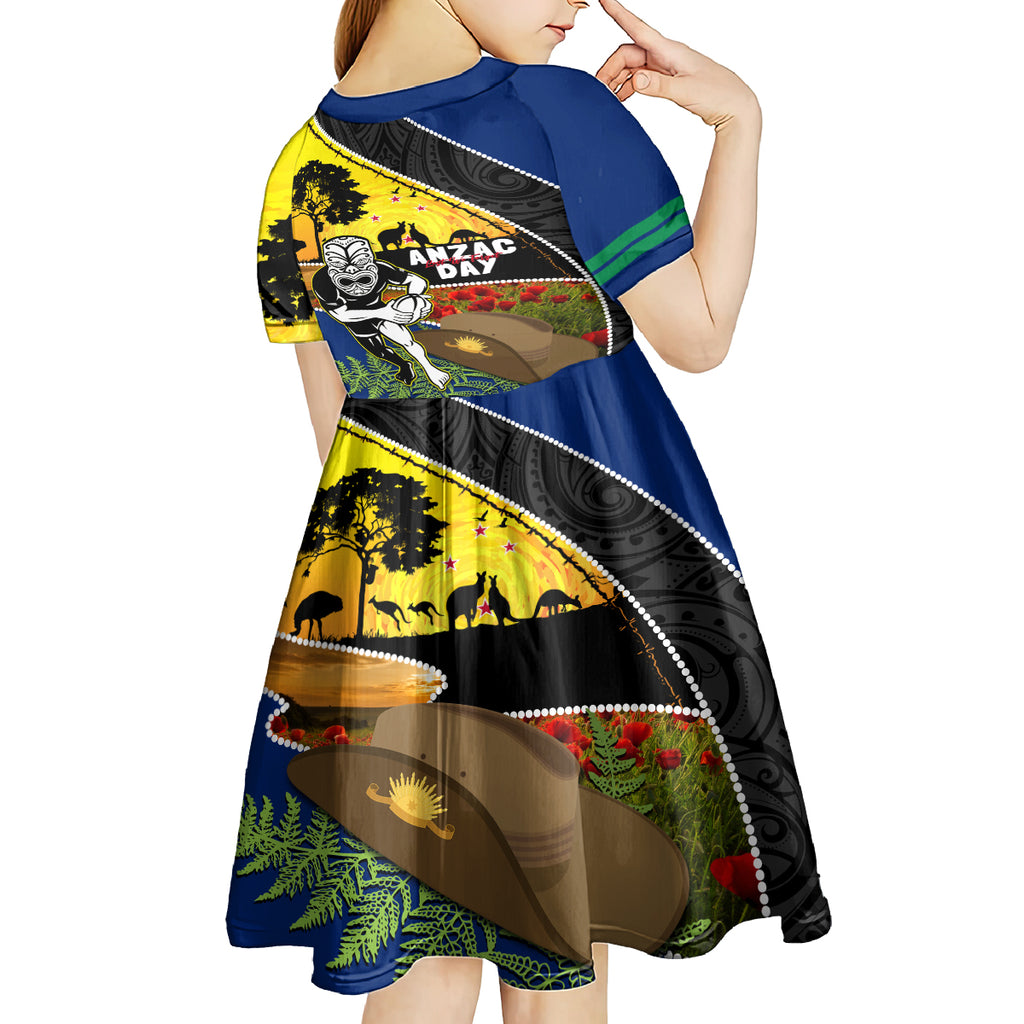 Warriors Rugby ANZAC Day Kid Short Sleeve Dress New Zealand Wahs Tiki Mascot Rosemary Starry Night