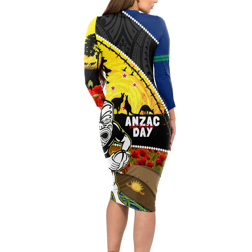 Warriors Rugby ANZAC Day Long Sleeve Bodycon Dress New Zealand Wahs Tiki Mascot Rosemary Starry Night