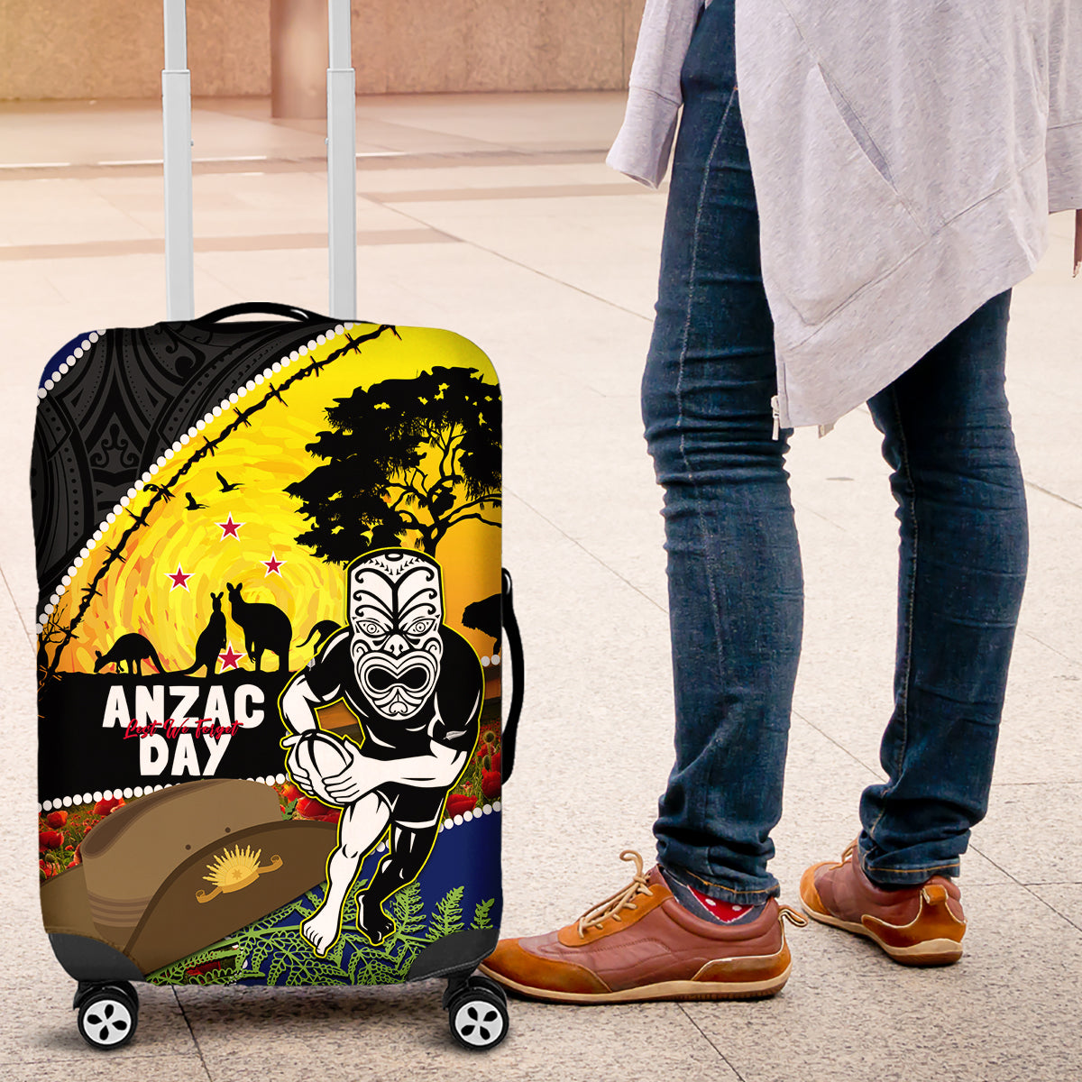 Warriors Rugby ANZAC Day Luggage Cover New Zealand Wahs Tiki Mascot Rosemary Starry Night