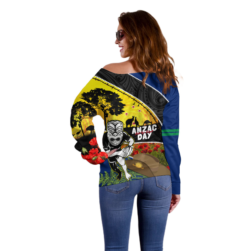 Warriors Rugby ANZAC Day Off Shoulder Sweater New Zealand Wahs Tiki Mascot Rosemary Starry Night