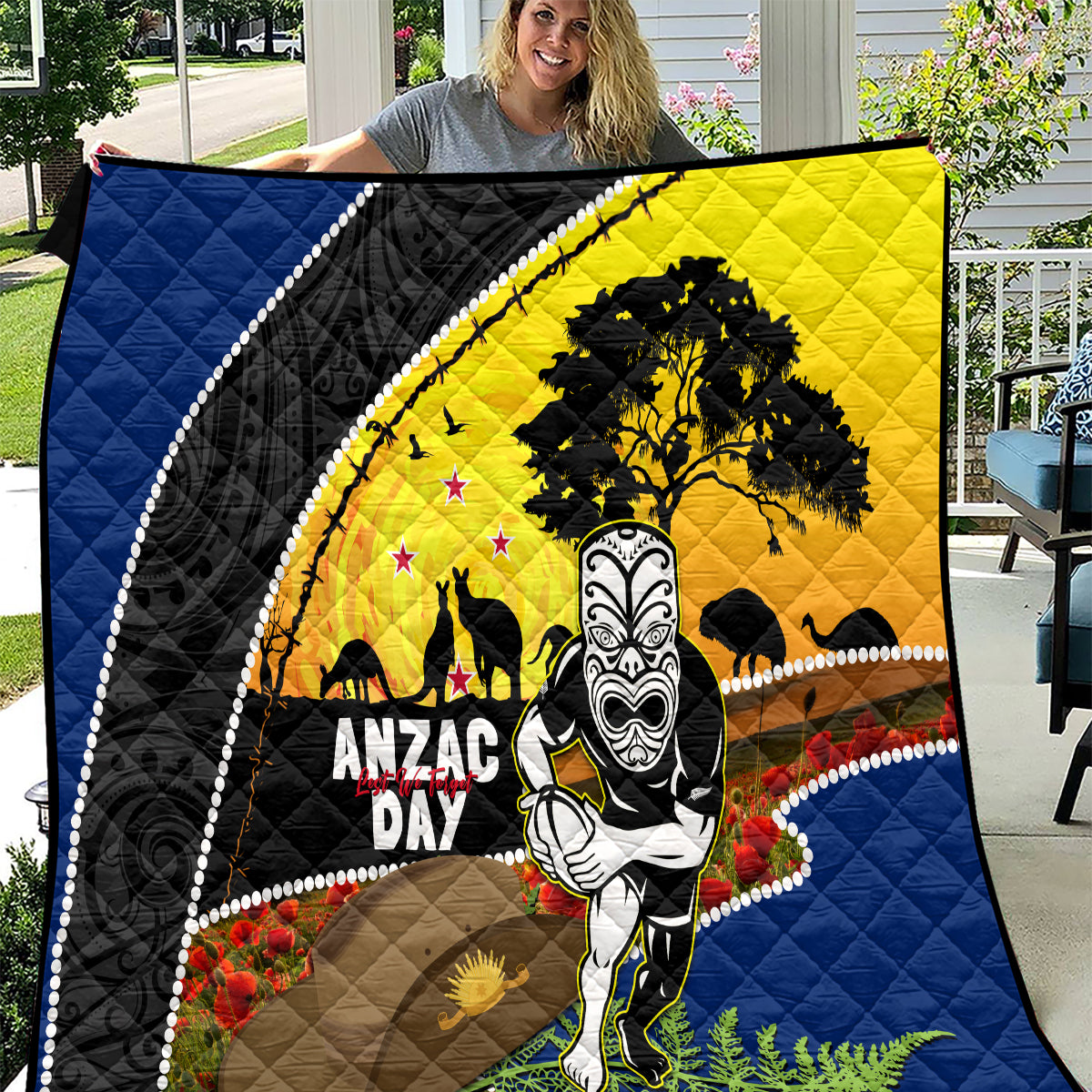 Warriors Rugby ANZAC Day Quilt New Zealand Wahs Tiki Mascot Rosemary Starry Night