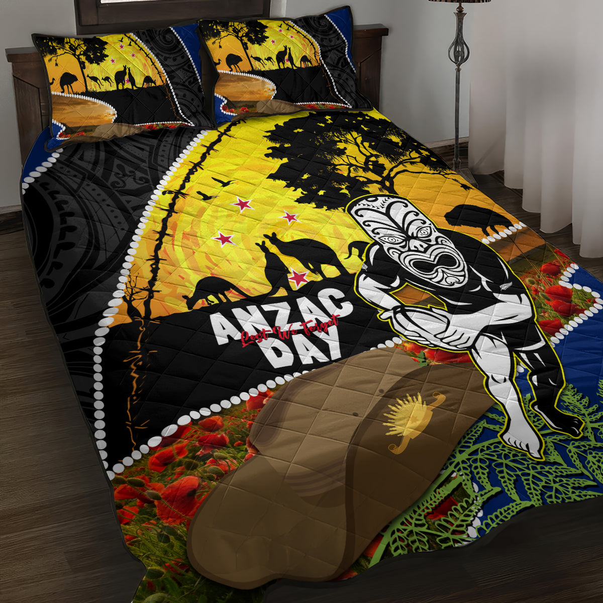 Warriors Rugby ANZAC Day Quilt Bed Set New Zealand Wahs Tiki Mascot Rosemary Starry Night