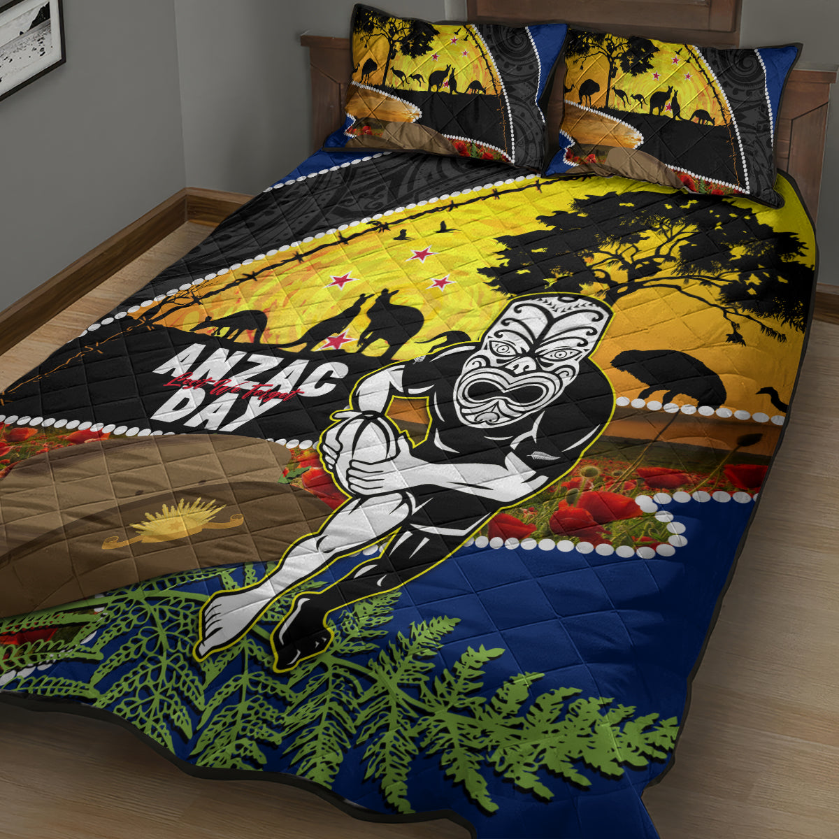 Warriors Rugby ANZAC Day Quilt Bed Set New Zealand Wahs Tiki Mascot Rosemary Starry Night