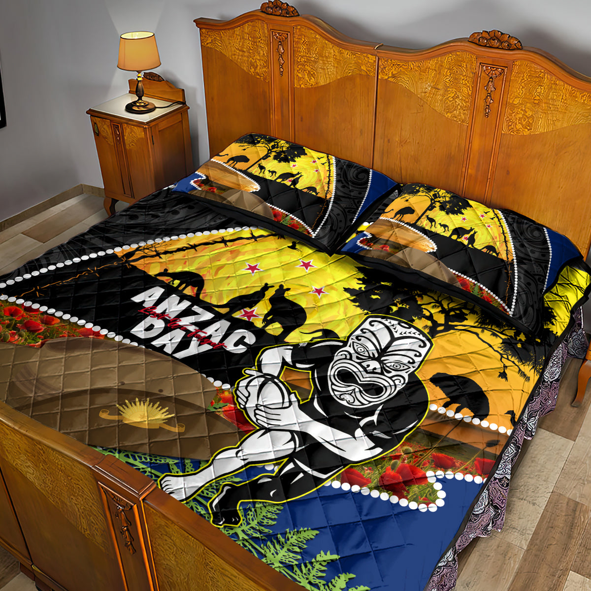 Warriors Rugby ANZAC Day Quilt Bed Set New Zealand Wahs Tiki Mascot Rosemary Starry Night