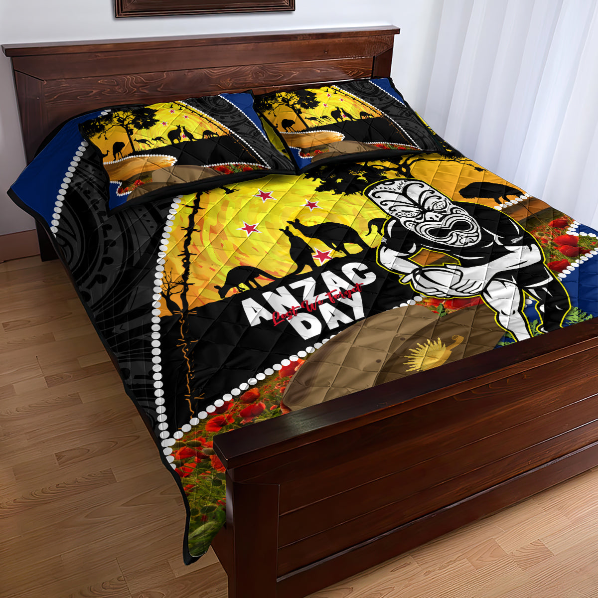 Warriors Rugby ANZAC Day Quilt Bed Set New Zealand Wahs Tiki Mascot Rosemary Starry Night