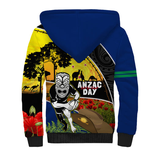 Warriors Rugby ANZAC Day Sherpa Hoodie New Zealand Wahs Tiki Mascot Rosemary Starry Night