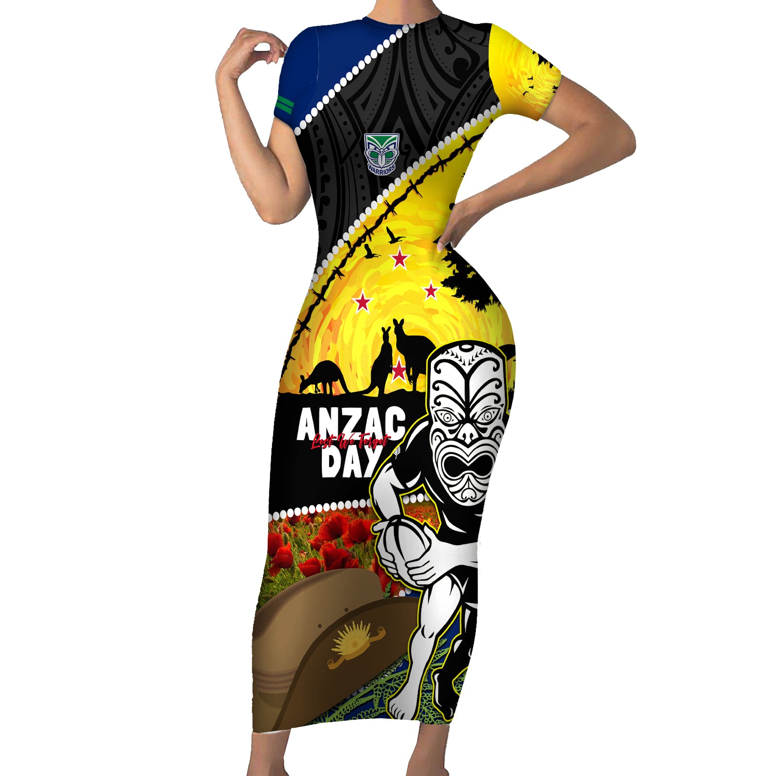 Warriors Rugby ANZAC Day Short Sleeve Bodycon Dress New Zealand Wahs Tiki Mascot Rosemary Starry Night