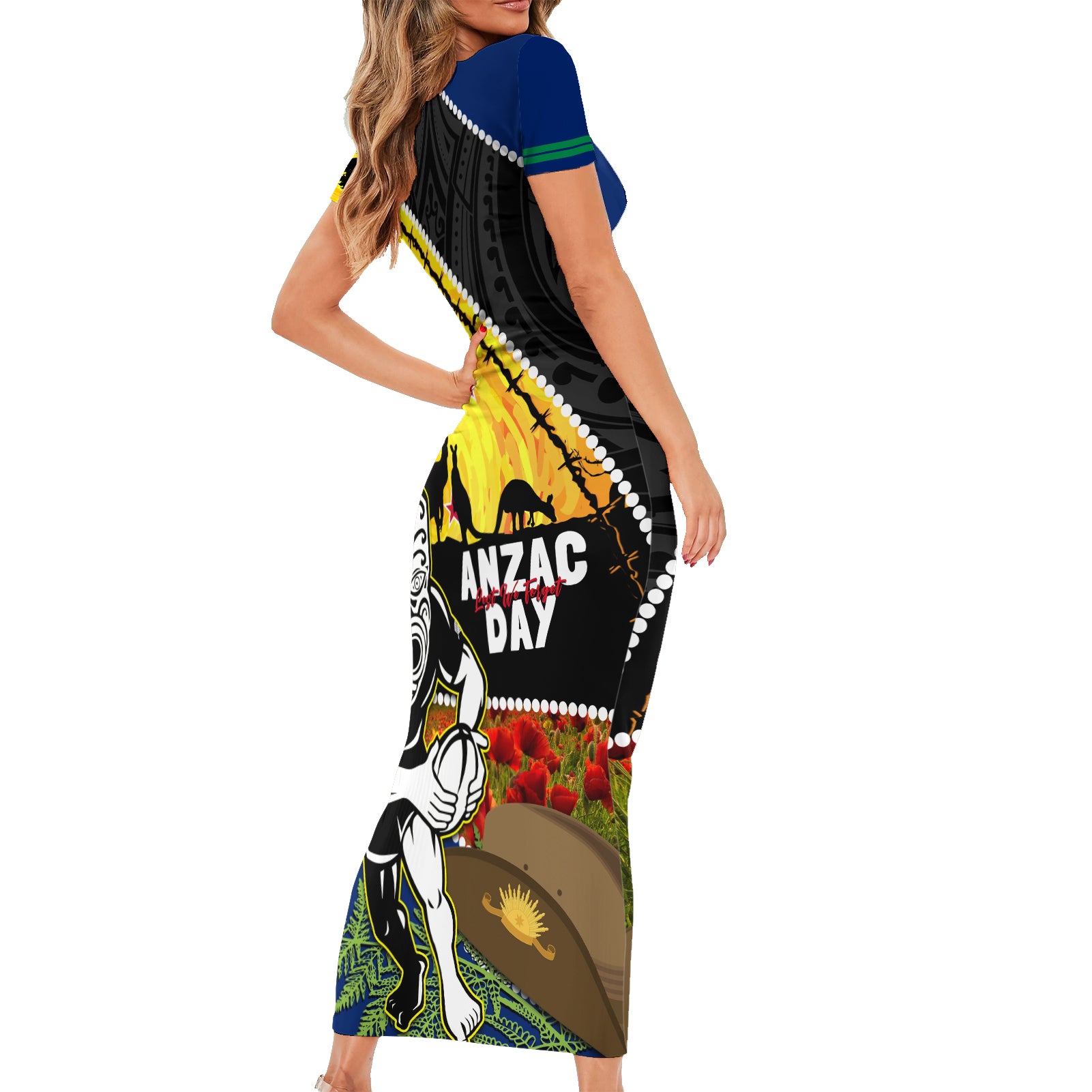 Warriors Rugby ANZAC Day Short Sleeve Bodycon Dress New Zealand Wahs Tiki Mascot Rosemary Starry Night