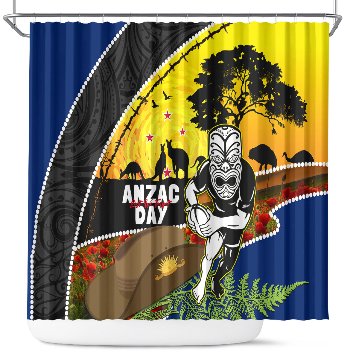 Warriors Rugby ANZAC Day Shower Curtain New Zealand Wahs Tiki Mascot Rosemary Starry Night