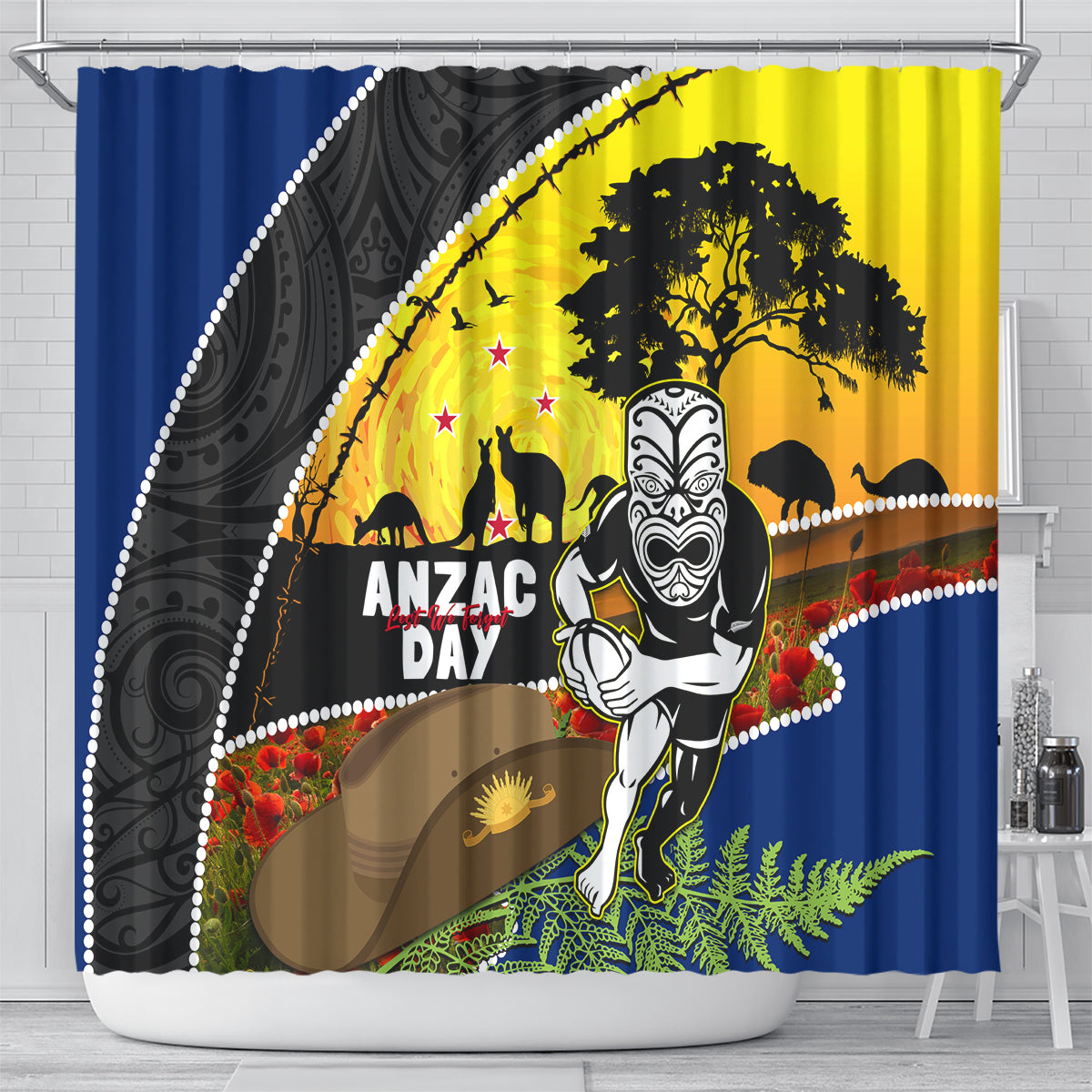 Warriors Rugby ANZAC Day Shower Curtain New Zealand Wahs Tiki Mascot Rosemary Starry Night