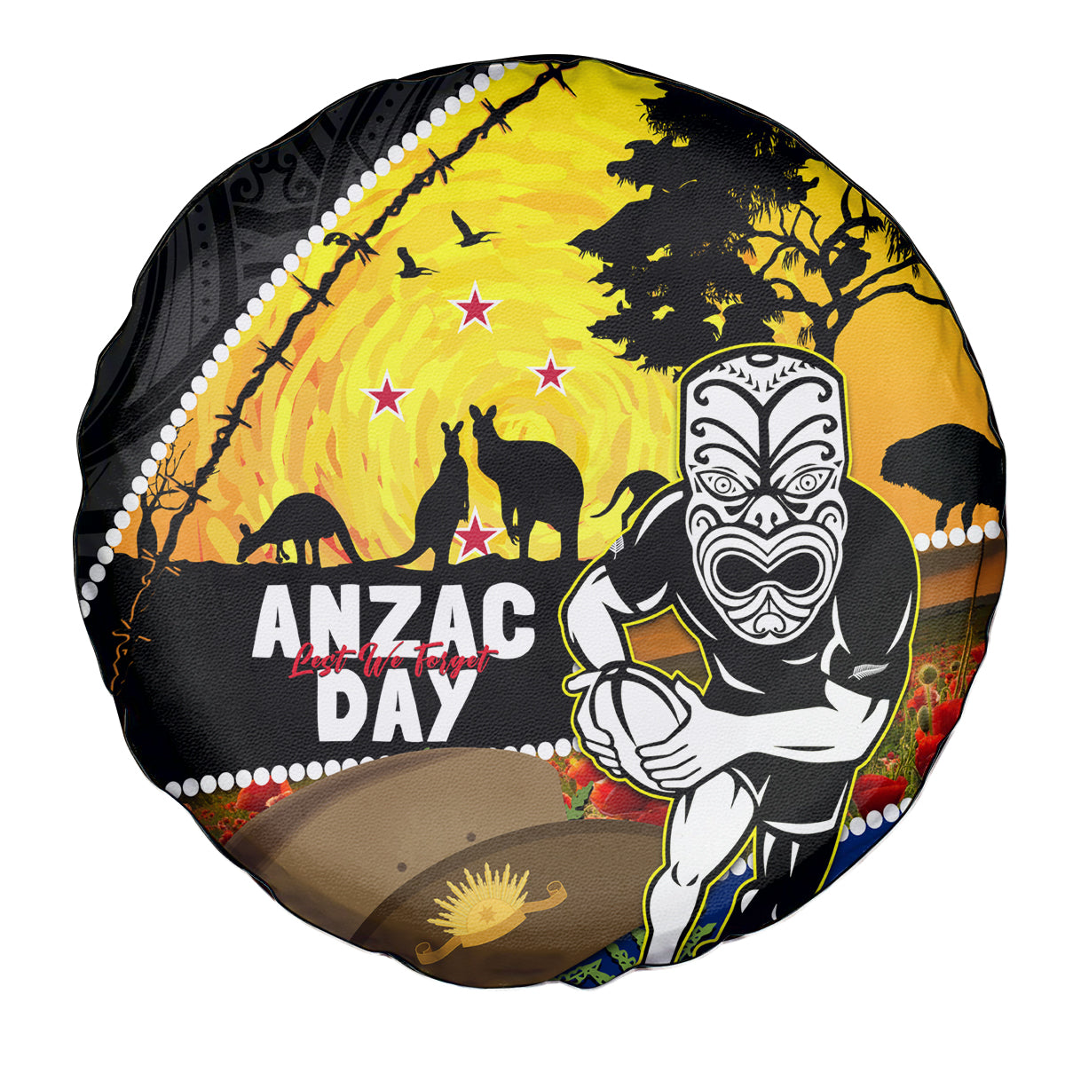 Warriors Rugby ANZAC Day Spare Tire Cover New Zealand Wahs Tiki Mascot Rosemary Starry Night