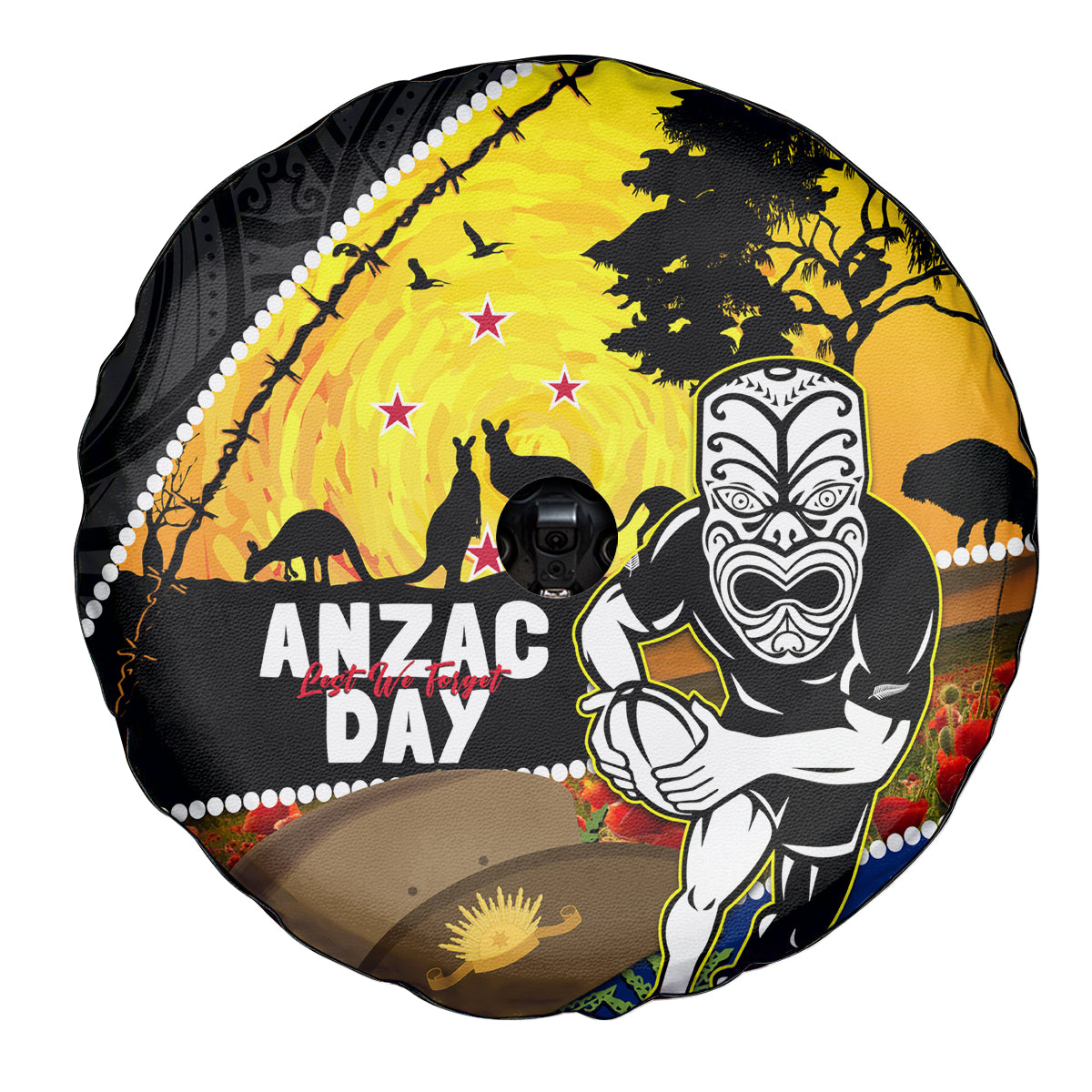 Warriors Rugby ANZAC Day Spare Tire Cover New Zealand Wahs Tiki Mascot Rosemary Starry Night
