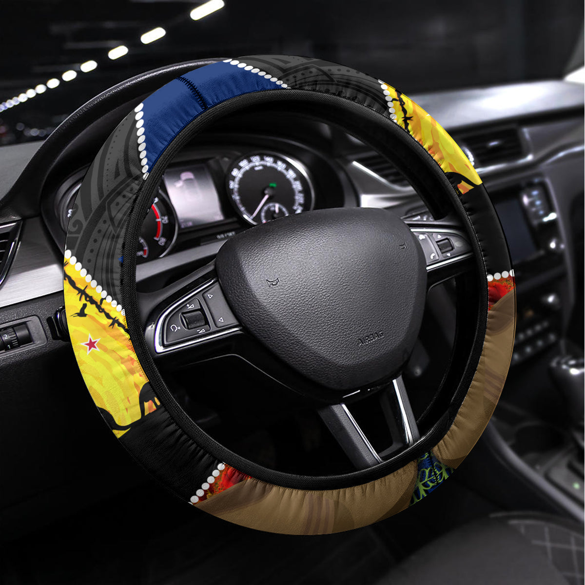 Warriors Rugby ANZAC Day Steering Wheel Cover New Zealand Wahs Tiki Mascot Rosemary Starry Night