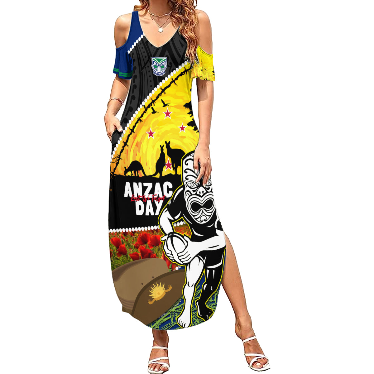 Warriors Rugby ANZAC Day Summer Maxi Dress New Zealand Wahs Tiki Mascot Rosemary Starry Night