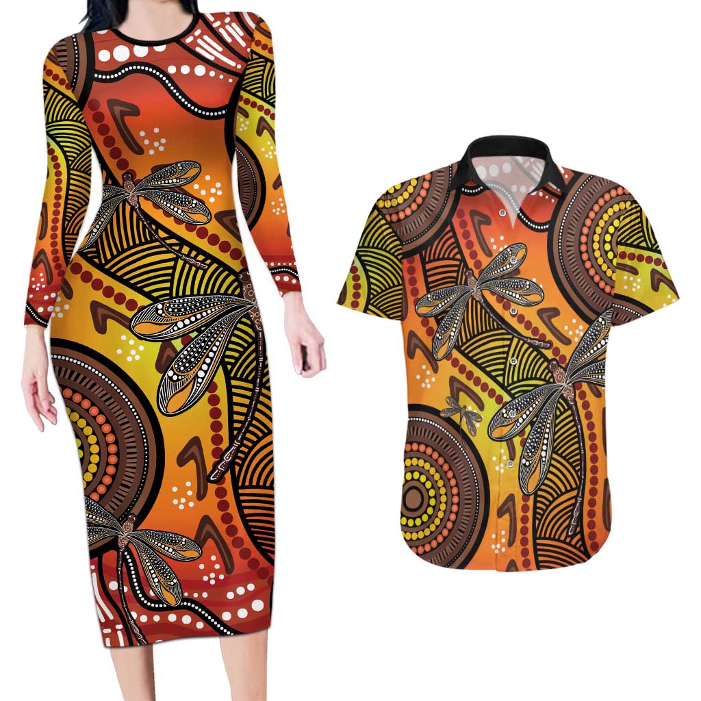 Australian Dragonfly Indigenous Art Couples Matching Long Sleeve Bodycon Dress and Hawaiian Shirt