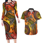 Australian Dragonfly Indigenous Art Couples Matching Long Sleeve Bodycon Dress and Hawaiian Shirt