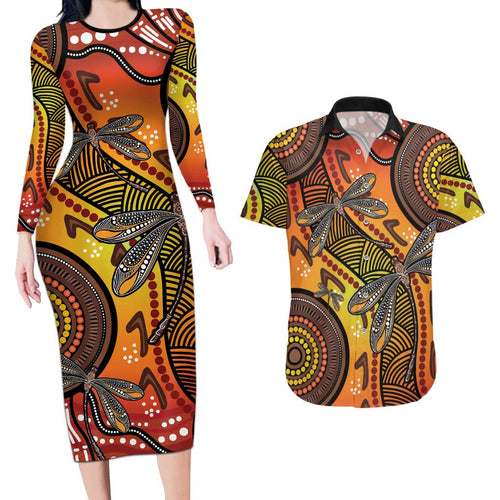 Australian Dragonfly Indigenous Art Couples Matching Long Sleeve Bodycon Dress and Hawaiian Shirt