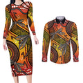 Australian Dragonfly Indigenous Art Couples Matching Long Sleeve Bodycon Dress and Long Sleeve Button Shirt