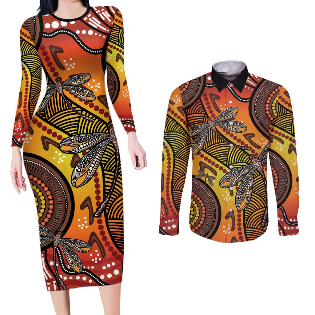 Australian Dragonfly Indigenous Art Couples Matching Long Sleeve Bodycon Dress and Long Sleeve Button Shirt