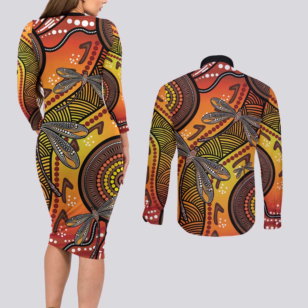 Australian Dragonfly Indigenous Art Couples Matching Long Sleeve Bodycon Dress and Long Sleeve Button Shirt
