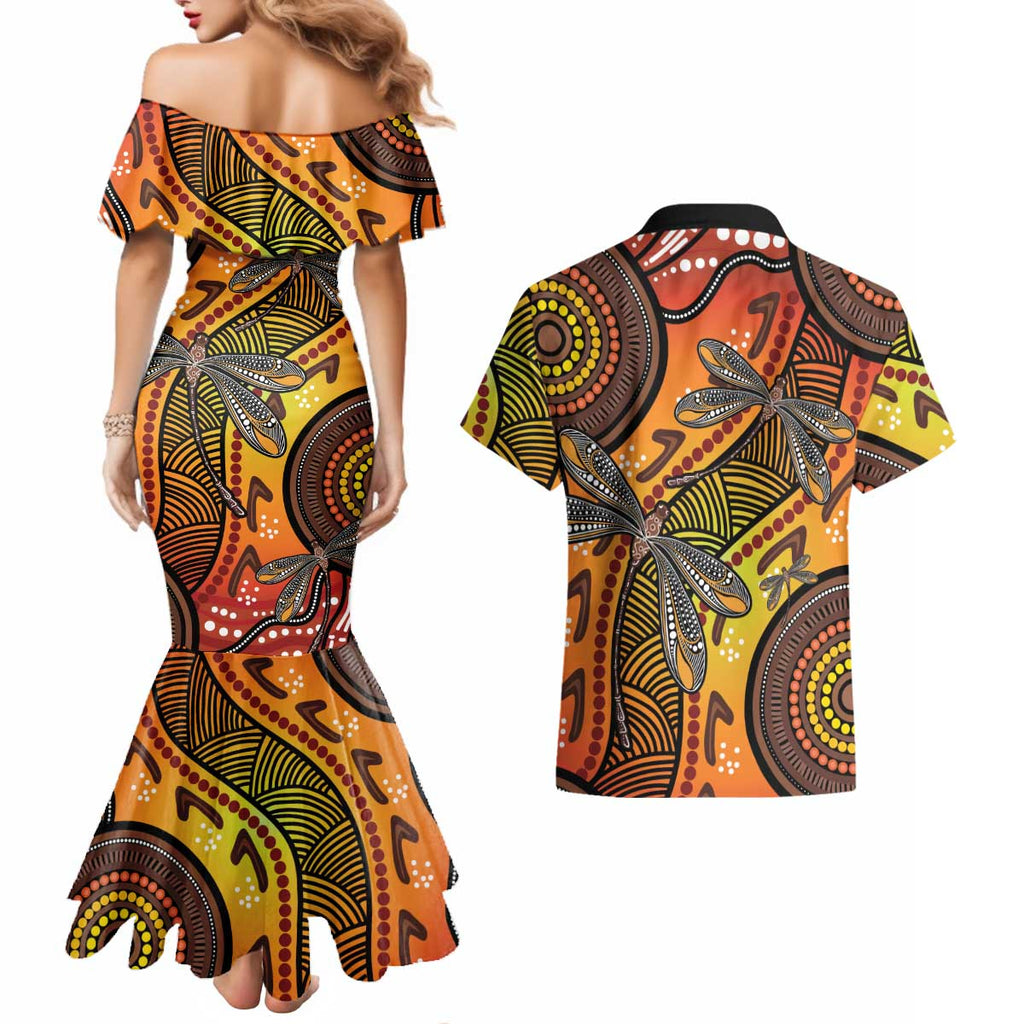 Australian Dragonfly Indigenous Art Couples Matching Mermaid Dress and Hawaiian Shirt