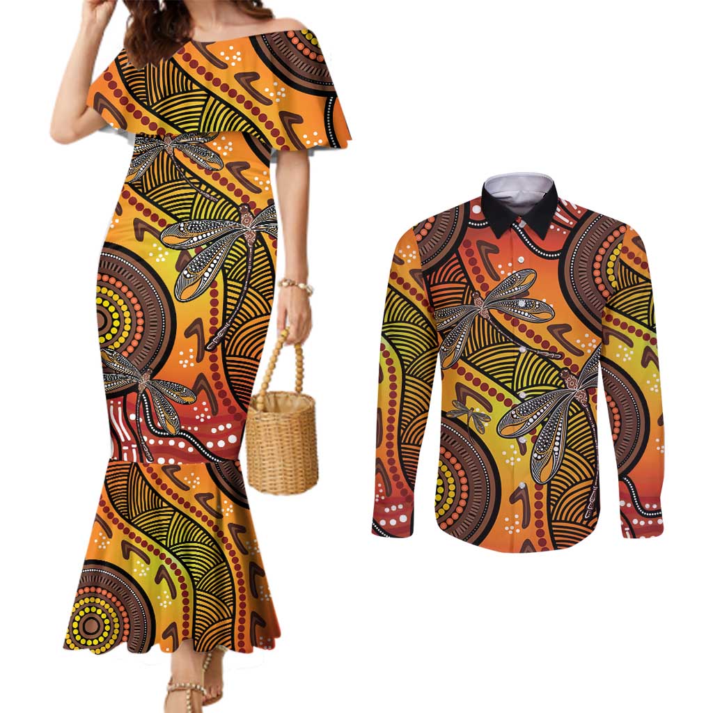 Australian Dragonfly Indigenous Art Couples Matching Mermaid Dress and Long Sleeve Button Shirt