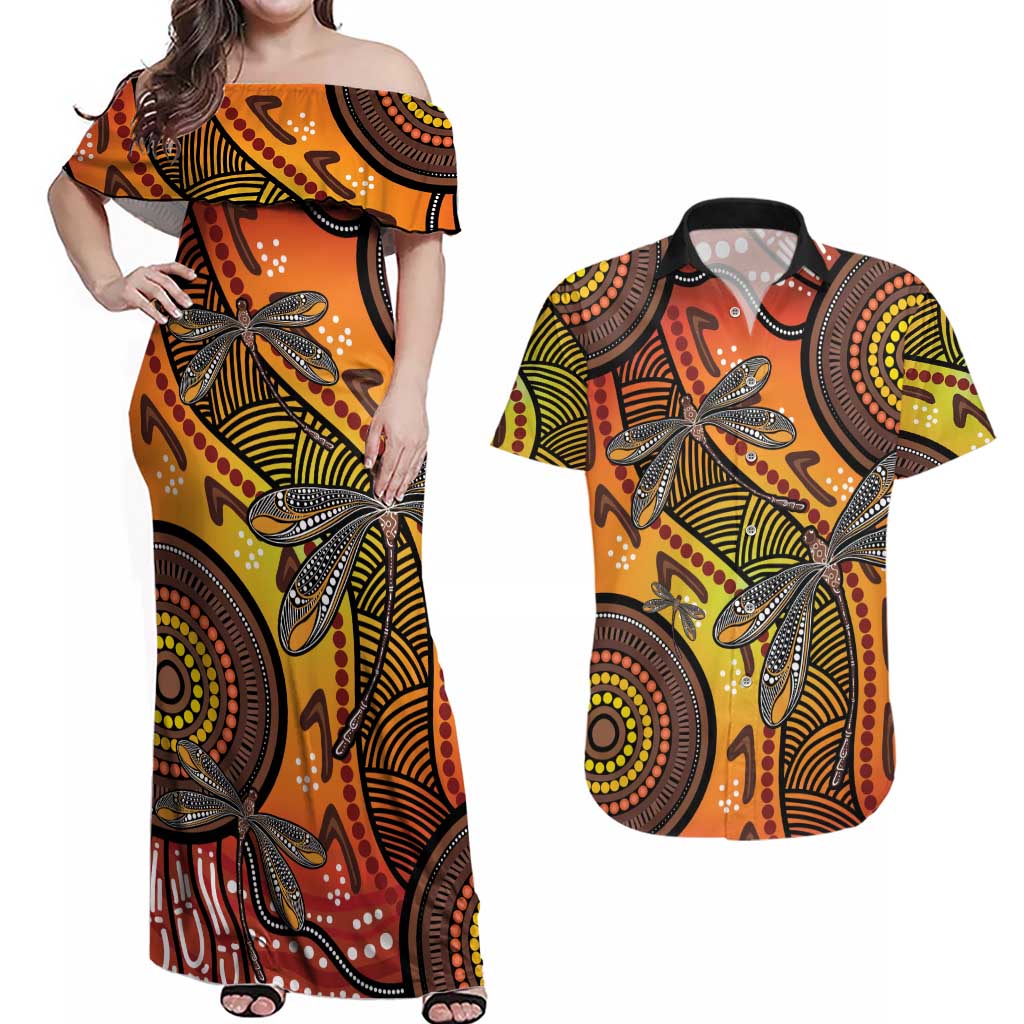 Australian Dragonfly Indigenous Art Couples Matching Off Shoulder Maxi Dress and Hawaiian Shirt