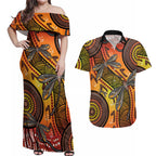 Australian Dragonfly Indigenous Art Couples Matching Off Shoulder Maxi Dress and Hawaiian Shirt