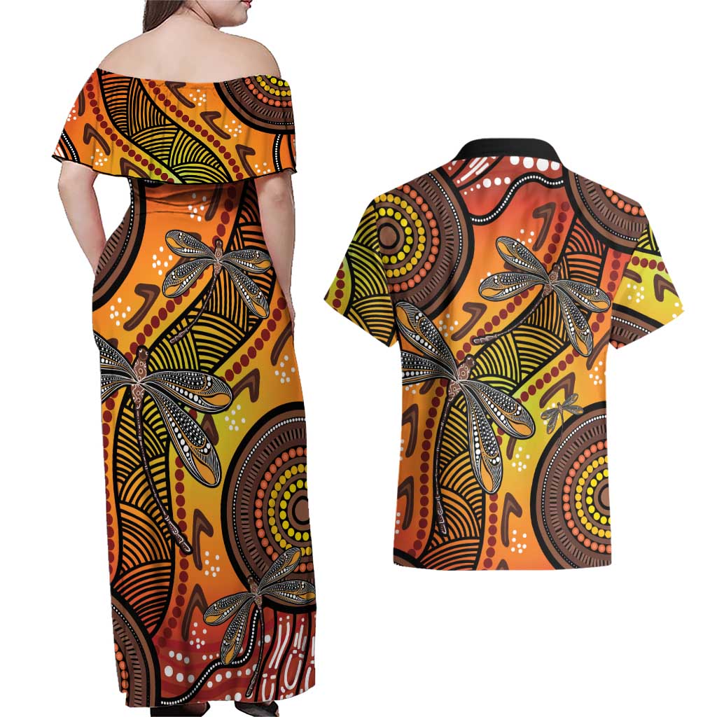 Australian Dragonfly Indigenous Art Couples Matching Off Shoulder Maxi Dress and Hawaiian Shirt