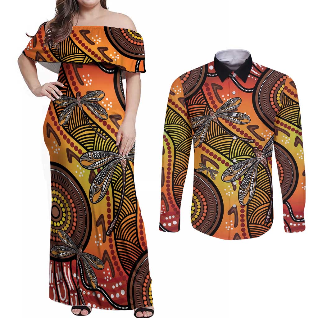 Australian Dragonfly Indigenous Art Couples Matching Off Shoulder Maxi Dress and Long Sleeve Button Shirt