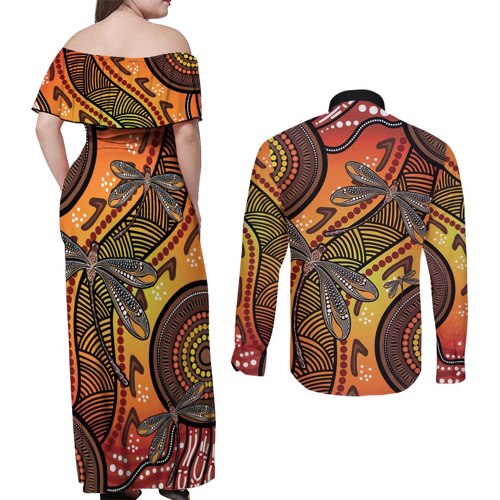Australian Dragonfly Indigenous Art Couples Matching Off Shoulder Maxi Dress and Long Sleeve Button Shirt