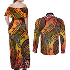 Australian Dragonfly Indigenous Art Couples Matching Off Shoulder Maxi Dress and Long Sleeve Button Shirt