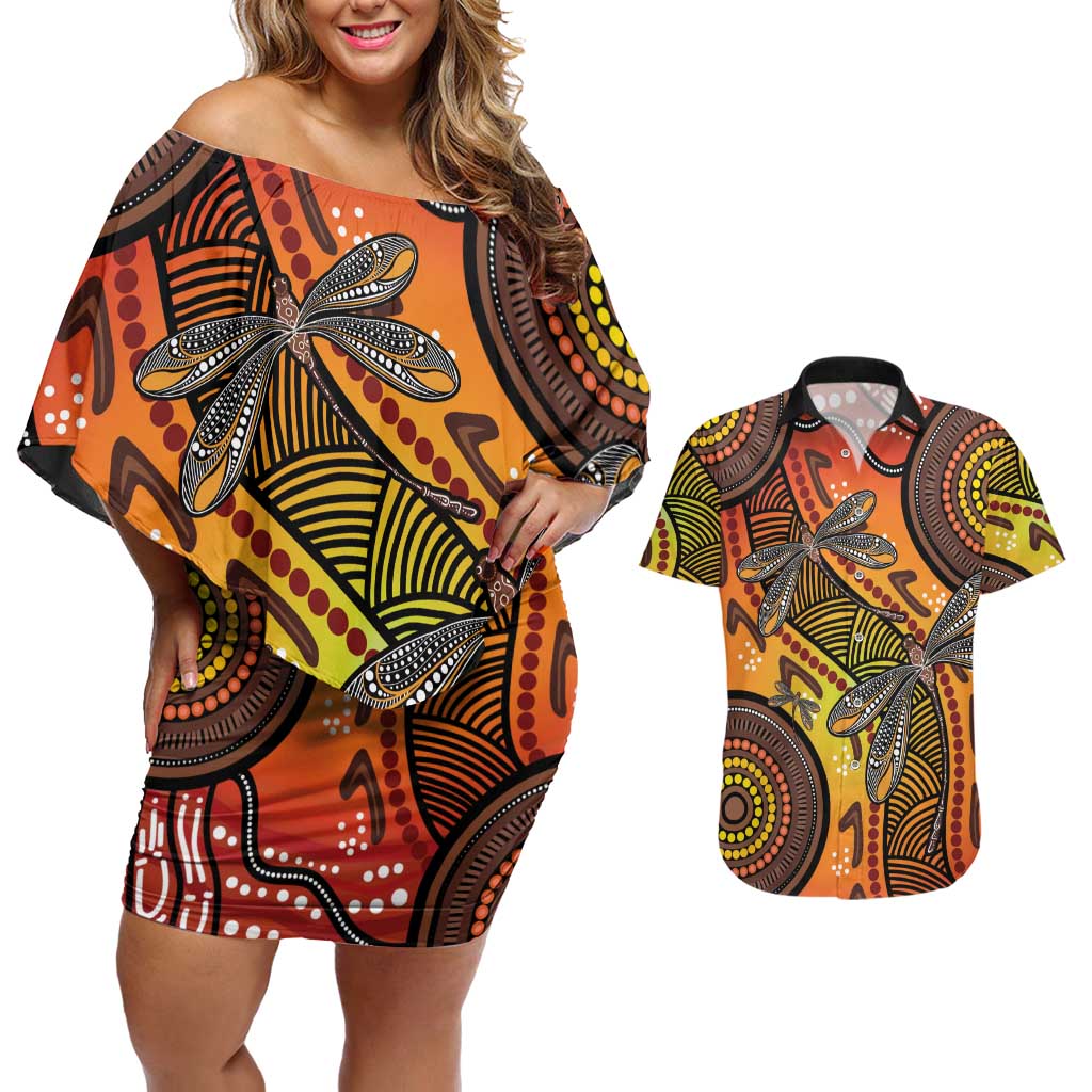 Australian Dragonfly Indigenous Art Couples Matching Off Shoulder Short Dress and Hawaiian Shirt