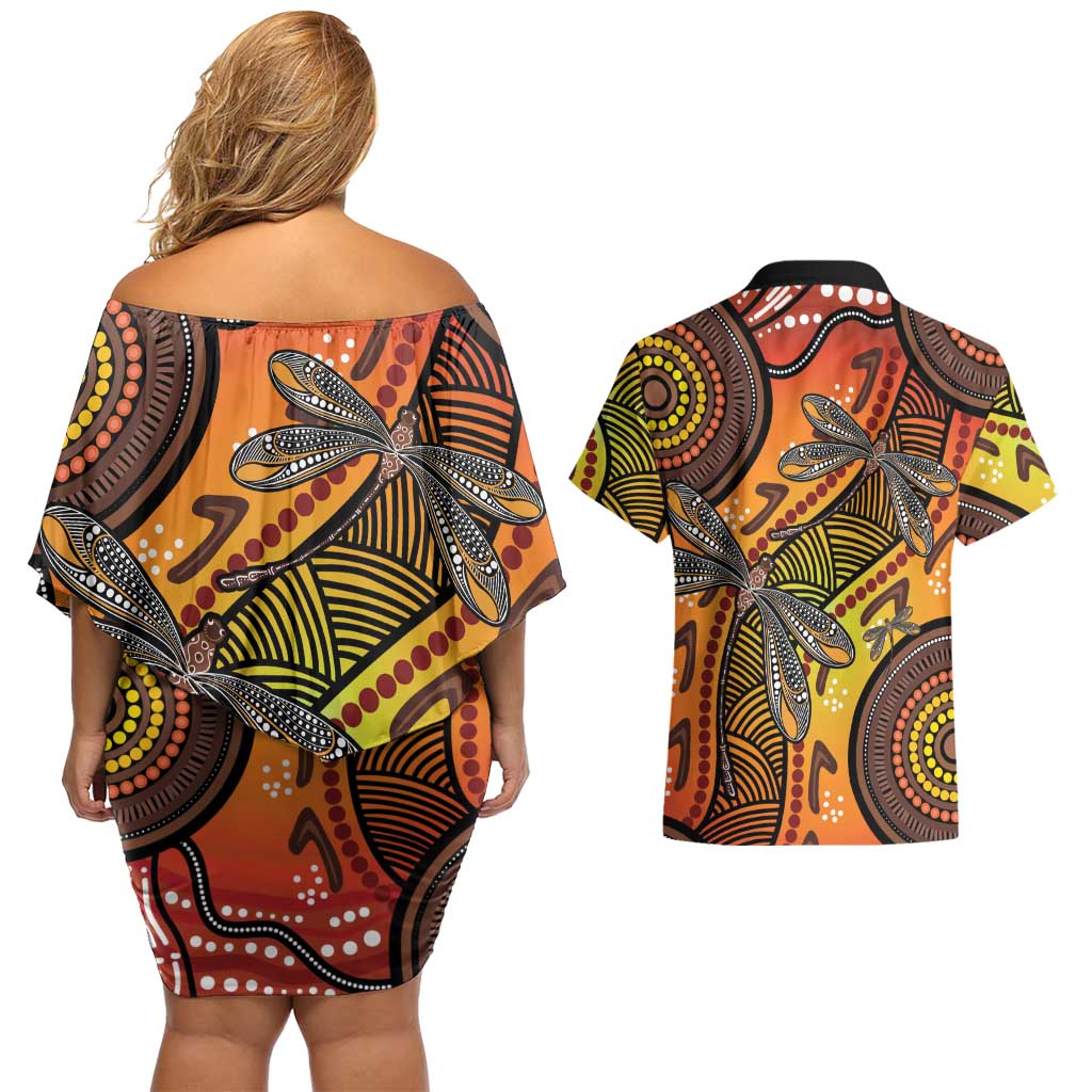 Australian Dragonfly Indigenous Art Couples Matching Off Shoulder Short Dress and Hawaiian Shirt