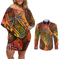 Australian Dragonfly Indigenous Art Couples Matching Off Shoulder Short Dress and Long Sleeve Button Shirt