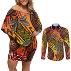Australian Dragonfly Indigenous Art Couples Matching Off Shoulder Short Dress and Long Sleeve Button Shirt