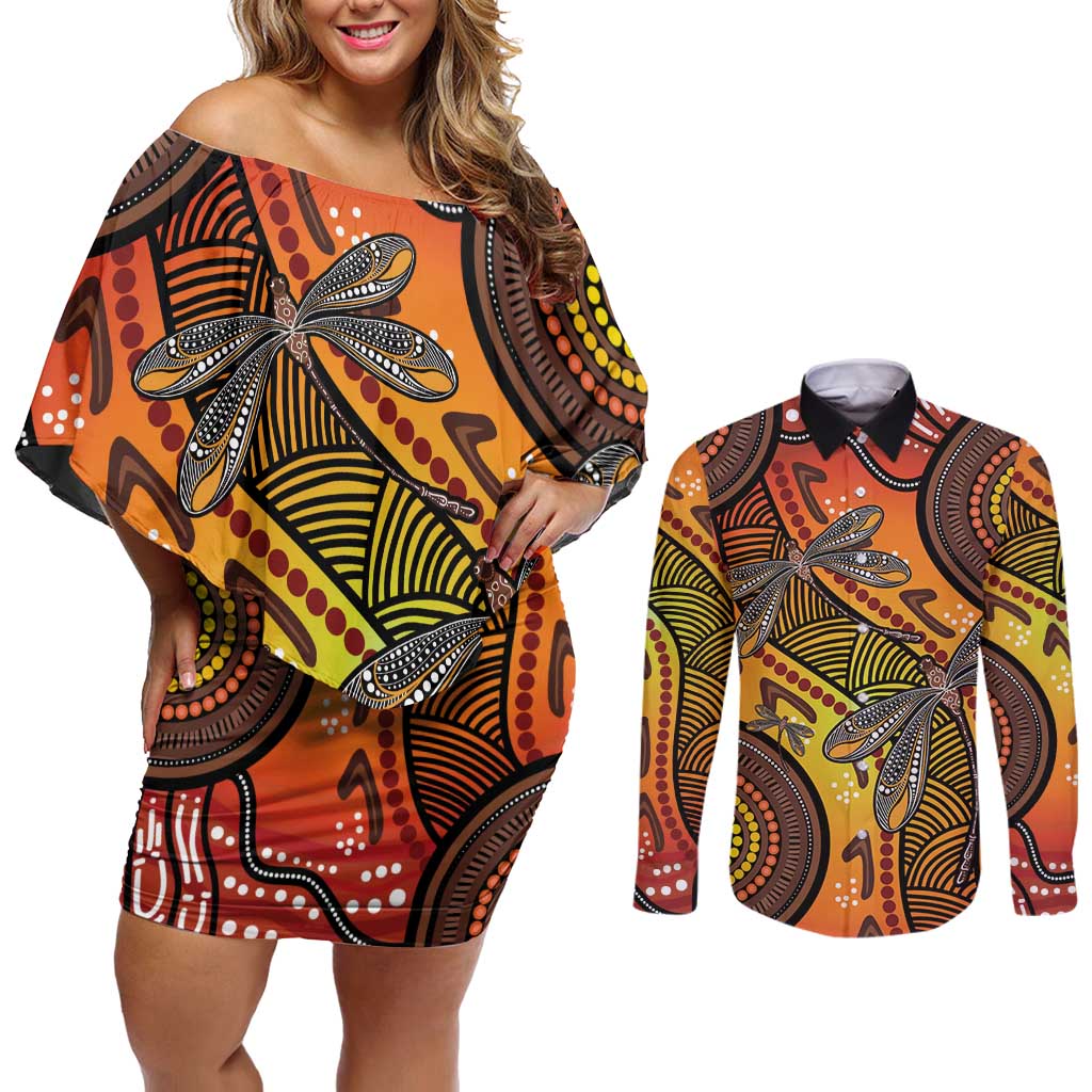 Australian Dragonfly Indigenous Art Couples Matching Off Shoulder Short Dress and Long Sleeve Button Shirt