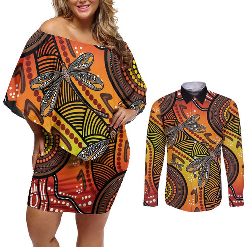 Australian Dragonfly Indigenous Art Couples Matching Off Shoulder Short Dress and Long Sleeve Button Shirt