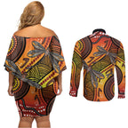 Australian Dragonfly Indigenous Art Couples Matching Off Shoulder Short Dress and Long Sleeve Button Shirt