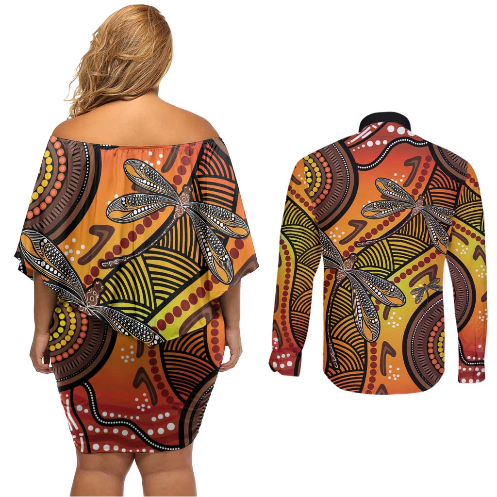 Australian Dragonfly Indigenous Art Couples Matching Off Shoulder Short Dress and Long Sleeve Button Shirt